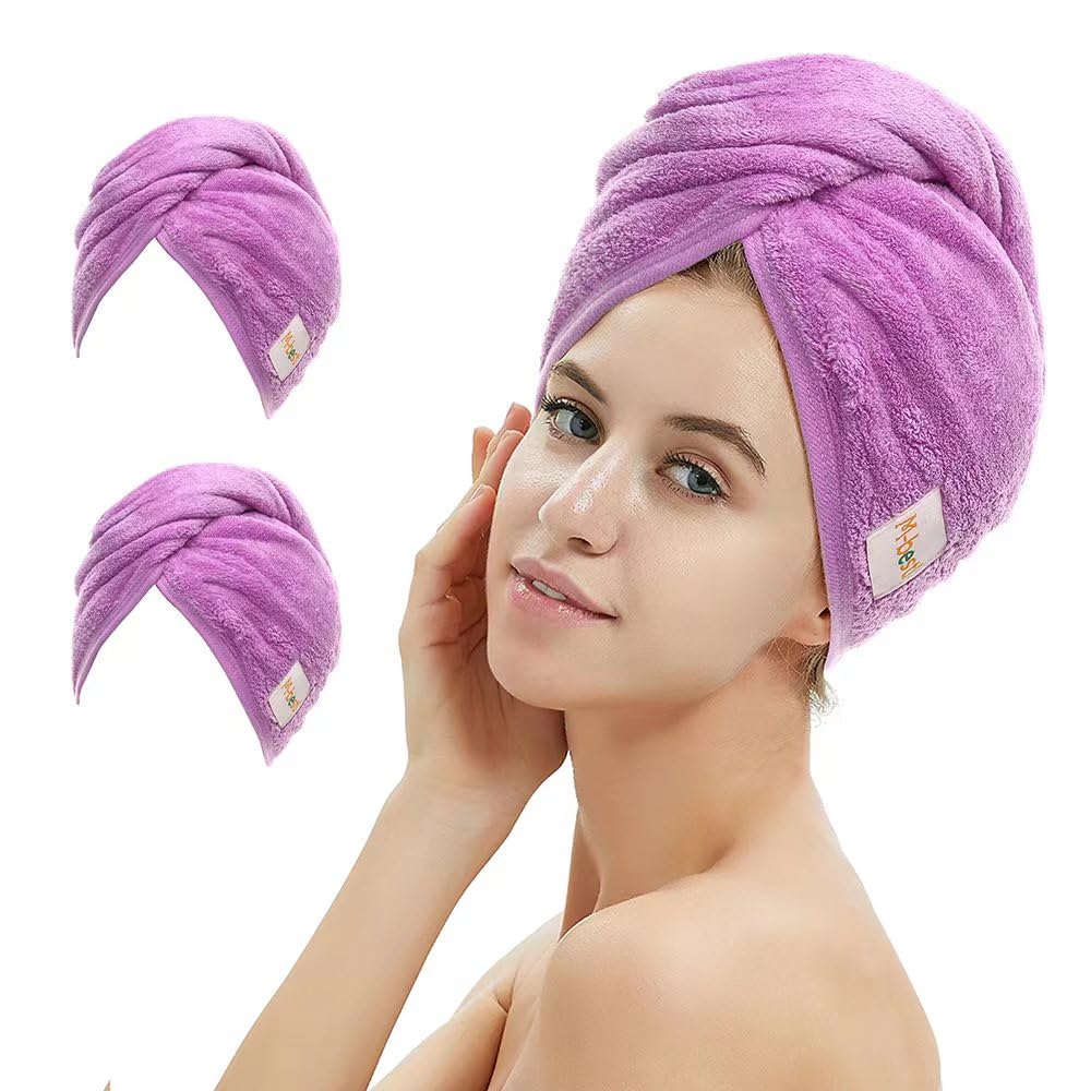 2 Pack Microfiber Hair Towel Wrap,Hair Drying Towel with Button, Towel Turban,Head Towel to Dry Hair Quickly (Pink&Beige)